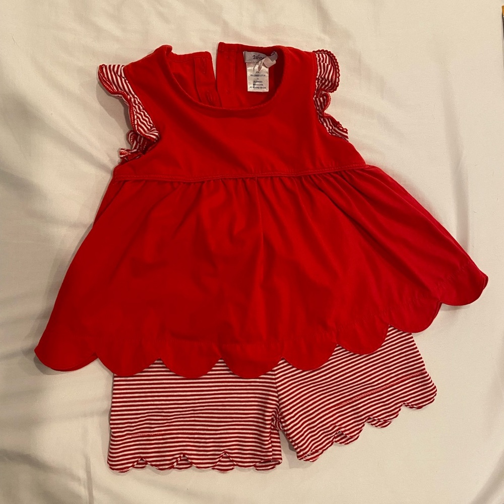 Ishtex toddler shirt/shorts set. Red/white. Scallop edge. Size 4T.